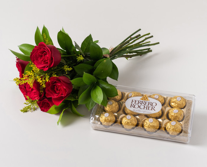 Buquê de seis rosas com Ferrero Rocher | Delivery Social Flores em Curitiba